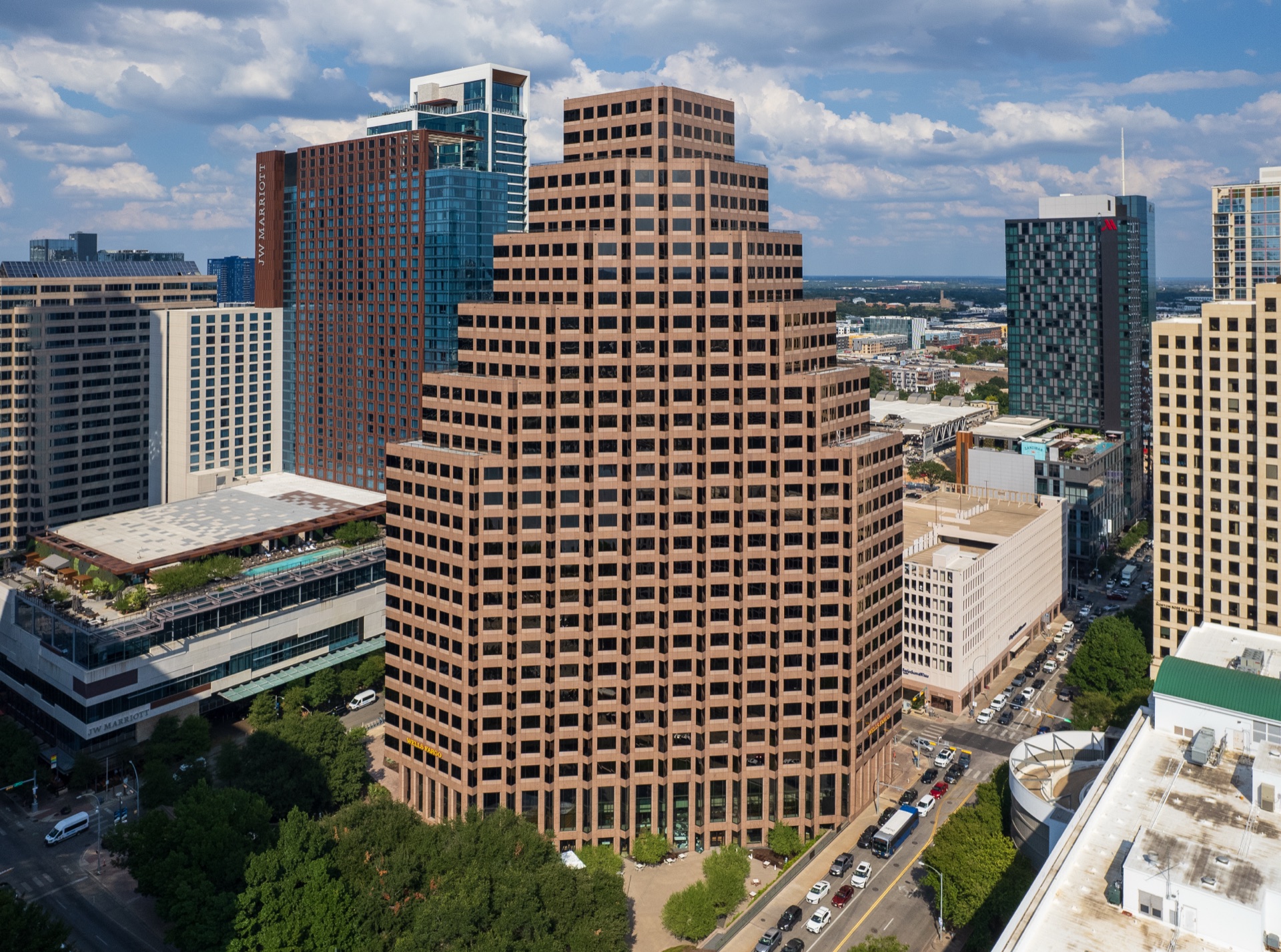 Aerial view of One Eleven Congress, a premier 519,653-square-foot Class A office tower occupying 1.5 city blocks in the heart of Downtown Austin.