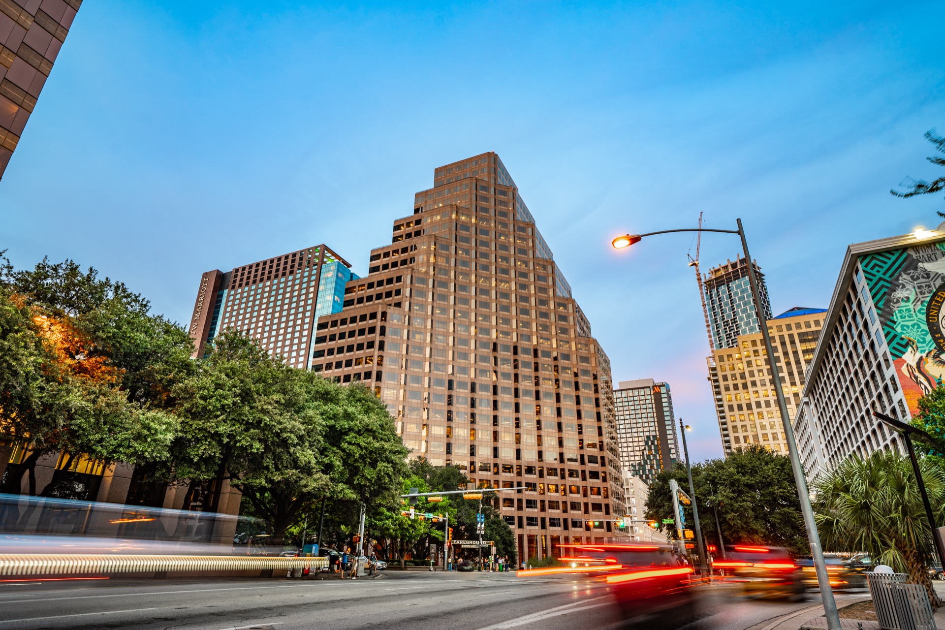 Street-level view of One Eleven Congress along Congress Avenue, showcasing its prime location in Downtown Austin's high-density business district.